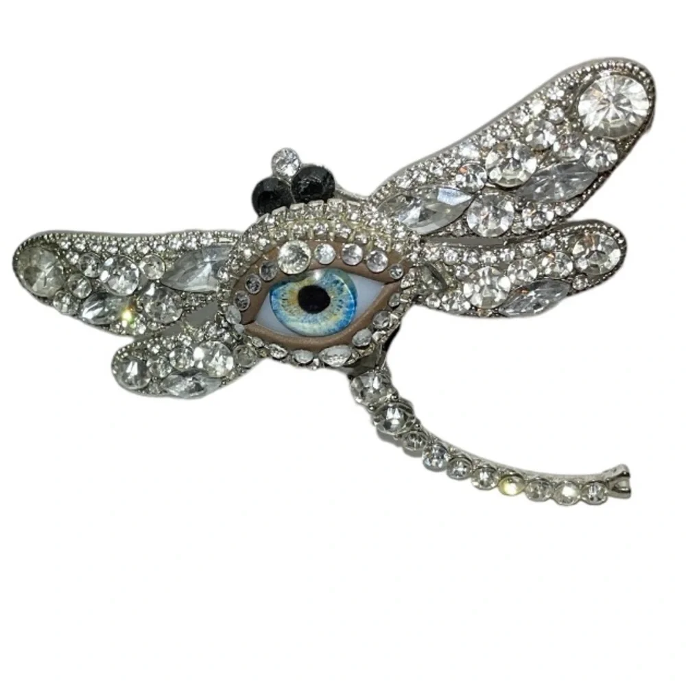 Dragonfly & Eye of Protection Brooch Pendant Handmade Glass Iris & Rhinestones